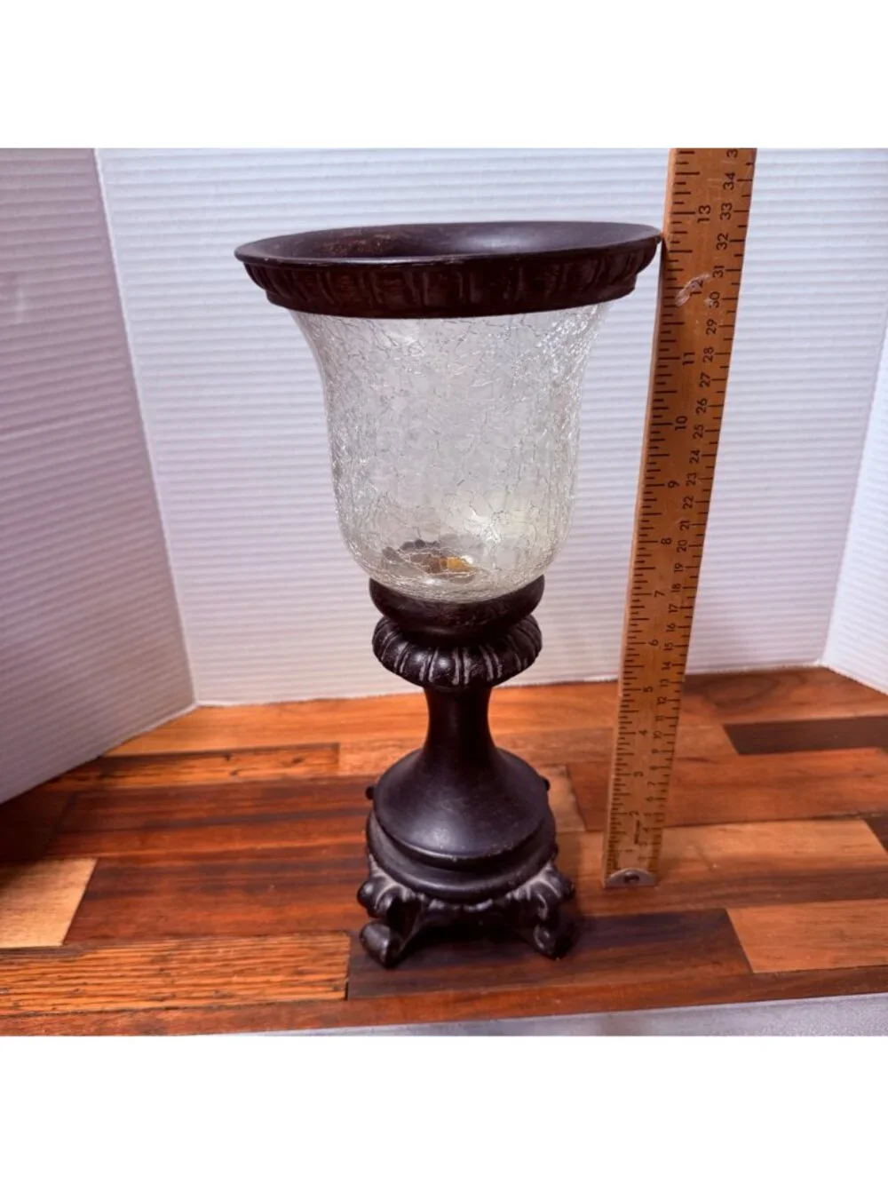 Vintage like Tall Crackle Glass Hurricane Candle Holder Pedestal Urn
